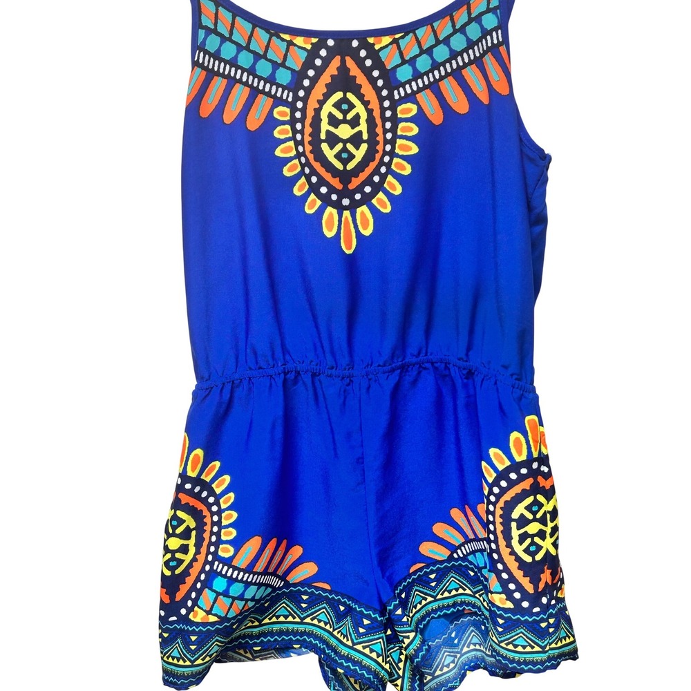 Sweet Wanderer Blue Dashiki Print Romper Boho Spaghetti Strap Womens Medium - Picture 3 of 6